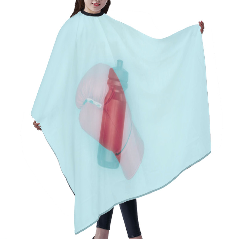 Personality  Double Exposure Of Red Boxing Glove And Sport Bottle Isolated On Blue  Hair Cutting Cape