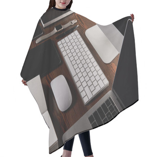 Personality  Modern Workplace With Various Devices On Wooden Table Hair Cutting Cape