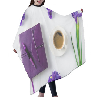 Personality  Top View Of Cup Of Coffee And Scattered Iris Flowers On White Table Hair Cutting Cape