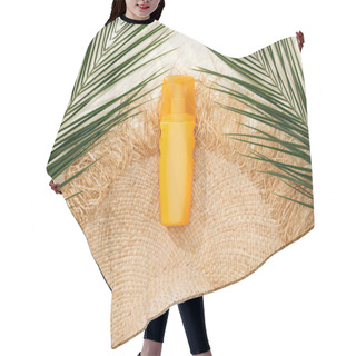 Personality  Top View Of Stylish Straw Hat On Golden Sand With Green Palm Leaves And Sunscreen Hair Cutting Cape