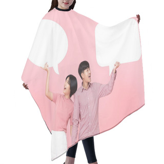 Personality  Lovely Smiling Young Asian Couple With Speech Bubbles Studio Shot On Pink Background Hair Cutting Cape