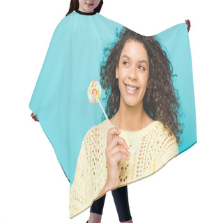 Personality  Happy Curly African American Girl Smiling While Holding Lollipop Isolated On Blue Hair Cutting Cape