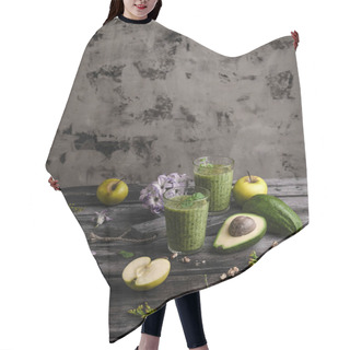 Personality  Organic Fruit Smoothie On Wooden Background With Fruits And Flowers  Hair Cutting Cape