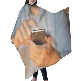 Personality  Close Up Of Teenager Or Adult Man Playing Online And Sending Text On Smart Phone With A Colorful Background Light From The Screen In Mobile Addiction Internet Gaming Connections And New Technology. Hair Cutting Cape