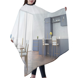 Personality  Gray And Blue Kitchen With A Table Hair Cutting Cape