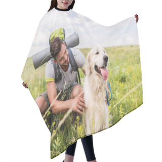 Personality  Traveler With Backpack And Dog Sitting On Green Meadow Hair Cutting Cape