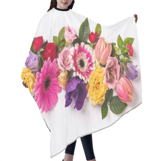 Personality  Creative Layout Made With Beautiful Flowers On White Background. Hair Cutting Cape