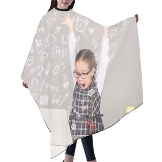 Personality  Excited Schoolgirl With Laptop Hair Cutting Cape