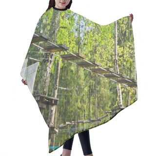 Personality  Dangerous Ropeway With Tether In Rope Park, Trees With Green Lea Hair Cutting Cape