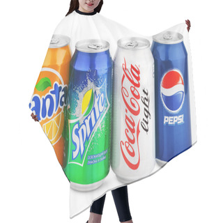 Personality  Group Of Various Soda Drinks In Aluminum Cans Isolated On White Hair Cutting Cape