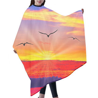 Personality  Three Birds Fly Above The Sunset As Sun Rays Emanate From Behind The Clouds Hair Cutting Cape