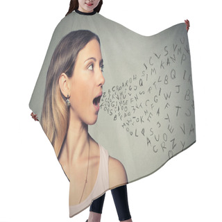Personality  Woman Talking With Alphabet Letters Coming Out Of Her Mouth Hair Cutting Cape