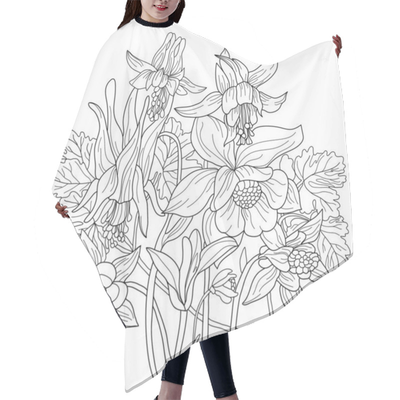 Personality  Vector Coloring Botanical Illustration With Columbine Flowers . Colouring Page. Floral Print. Monochrome Line Drawing Hair Cutting Cape
