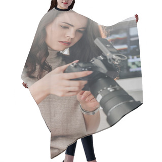 Personality  Selective Focus Of Attractive Art Editor Holding Digital Camera Near Computer Monitor  Hair Cutting Cape