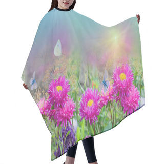 Personality  Delicate Floral Background With Butterflies And Pink Aster Flowers. Selective Focus.Beautiful Artistic Natural Background.Panorama Hair Cutting Cape