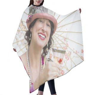 Personality  1920s Dressed Girl With Parasol And Glass Of Wine Portrait Hair Cutting Cape