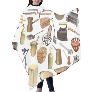 Personality  Collage With Very Old Objects Over White Hair Cutting Cape