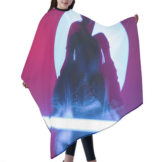 Personality  Motion Blur Of Woman Posing With Vibrant Neon Lamps On Purple Background Hair Cutting Cape