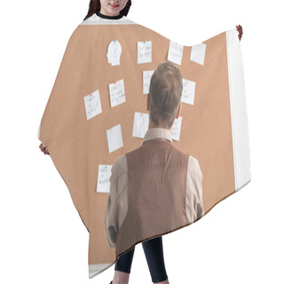 Personality  Back View Of Sick Senior Man Standing Near Board With Papers  Hair Cutting Cape