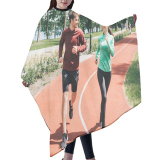 Personality  Sportswoman Smiling At Boyfriend While Running On Track In Park  Hair Cutting Cape