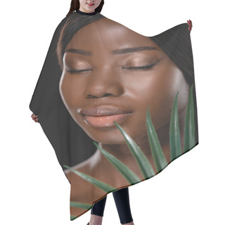 Personality  African American Naked Woman With Closed Eyes And Green Palm Leaf Isolated On Black Hair Cutting Cape