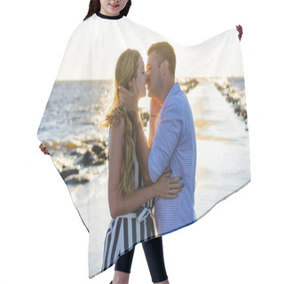 Personality  Beautiful Couple In Love Hugging And Kissing On Seashore During Sunset In Riga, Latvia Hair Cutting Cape