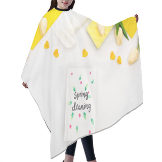 Personality  Top View Of Spring Tulips And Yellow Cleaning Supplies With Hearts Near Spring Cleaning Card On White Background Hair Cutting Cape