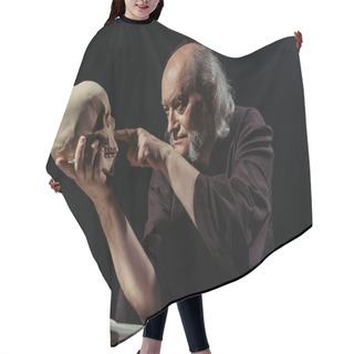 Personality  Senior Medieval Philosopher Pointing At Human Skull Isolated On Black Hair Cutting Cape