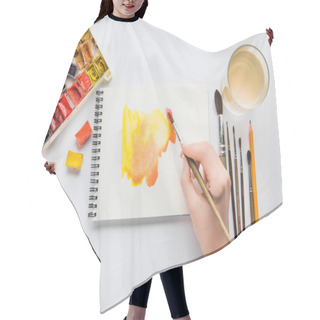 Personality  Top View Of Female Hands Drawing In Album With Watercolor Paints And Paintbrush Hair Cutting Cape