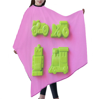 Personality  Top View Of Green Toy Robot Near Plastic Vehicles On Violet Textured Background Hair Cutting Cape