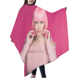 Personality  Beautiful Fashionable Girl Posing In Pink Wig For Fashion Shoot, Isolated On Pink Hair Cutting Cape