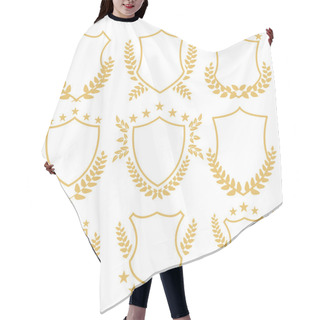 Personality  Gold Shields And Insignias Set. Decorative Golden Shields With Laurel Wreath And Stars Hair Cutting Cape