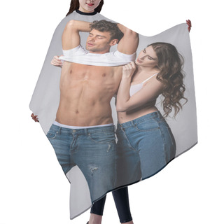 Personality  Attractive Woman In Bra Taking Off White T-shirt Of Muscular Boyfriend Isolated On Grey  Hair Cutting Cape