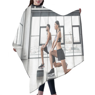 Personality  Side View Of Sportive Young Man And Woman Training With Step Platforms In Gym  Hair Cutting Cape