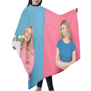 Personality  Smiling Girl Holding Bouquet Near Envy Blonde Sister On Blue And Pink Background Hair Cutting Cape