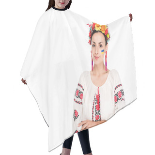 Personality  Brunette Young Woman In National Ukrainian Embroidered Shirt And Floral Wreath With Crossed Arms Isolated On White Hair Cutting Cape