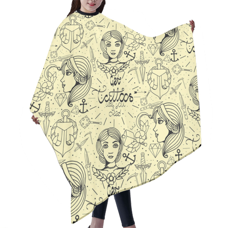 Personality  Tattoo Seamless Pattern With Different Hand Drawn Elements Hair Cutting Cape
