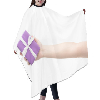 Personality  Cropped View Of Woman Holding Gift Isolated On White Hair Cutting Cape