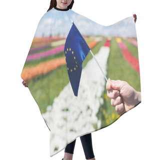 Personality  Cropped View Of Man Holding Flag Of Europe Near Colorful Tulips Field And Blue Sky With Clouds Hair Cutting Cape