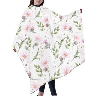 Personality  Seamless Watercolor Pattern With The Image Of Pink Daisies, Forget-me-nots, Thistles And Green Leaves On A White Background. Watercolor Hand Drawn Illustrations. Design For Textile, Fabric, Clothing, Cards, Packaging. Hair Cutting Cape