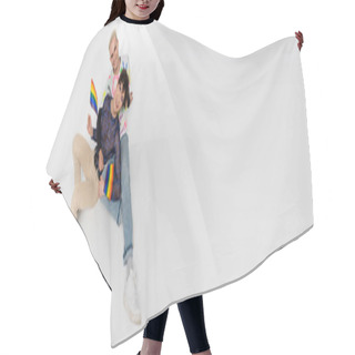 Personality  Top View Of Happy Nonbinary Person And Gay Sitting With Lgbtq Flags On Grey Background, Banner Hair Cutting Cape