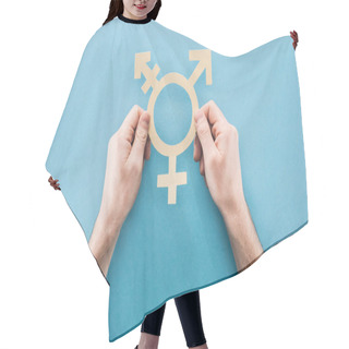 Personality  Partial View Of Man Holding White Paper Gender Sign On Blue Background, Lgbt Concept Hair Cutting Cape