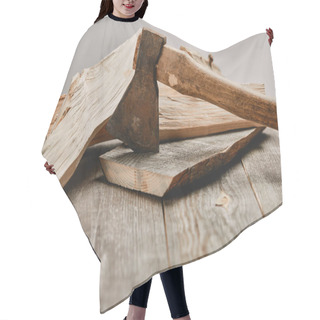 Personality  Close Up View Of Axe And Wood Logs On Wooden Table On Grey Background Hair Cutting Cape