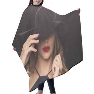 Personality  Beautiful Woman In Black Hat Over Dark Background Hair Cutting Cape