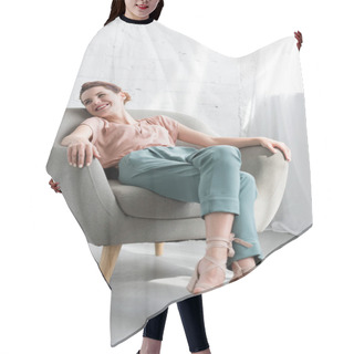 Personality  Happy Young Woman Relaxing On Armchair At Home Hair Cutting Cape