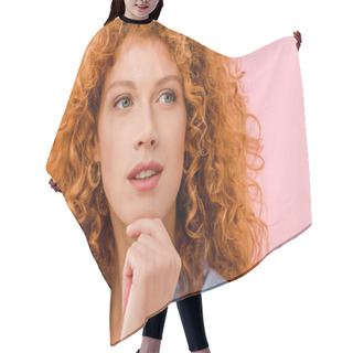 Personality  Attractive Pensive Redhead Woman Isolated On Pink Hair Cutting Cape
