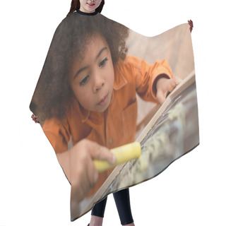 Personality  Top View Of African American Child Drawing On Blurred Chalkboard At Home  Hair Cutting Cape
