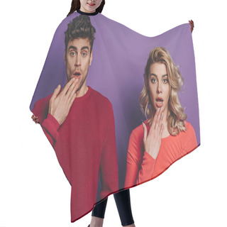 Personality  Shocked Man And Woman Looking At Camera On Purple Background Hair Cutting Cape
