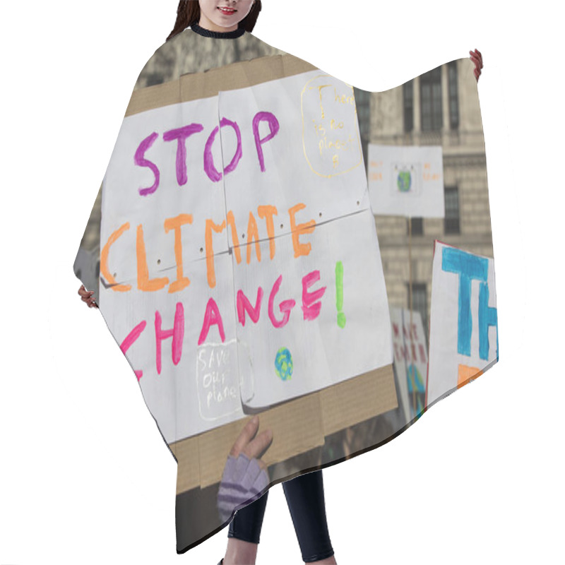 Personality  Protestors Holding Climate Change Banners At A Protest Hair Cutting Cape