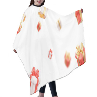 Personality  3D Illustration Of Rain Of Many White Gold And Red Gold Gifts With A White Background. Hair Cutting Cape